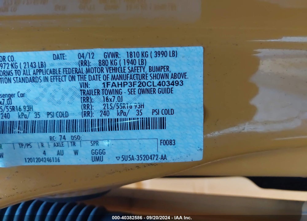 2012 FORD FOCUS SE VIN: 1FAHP3F20CL403493