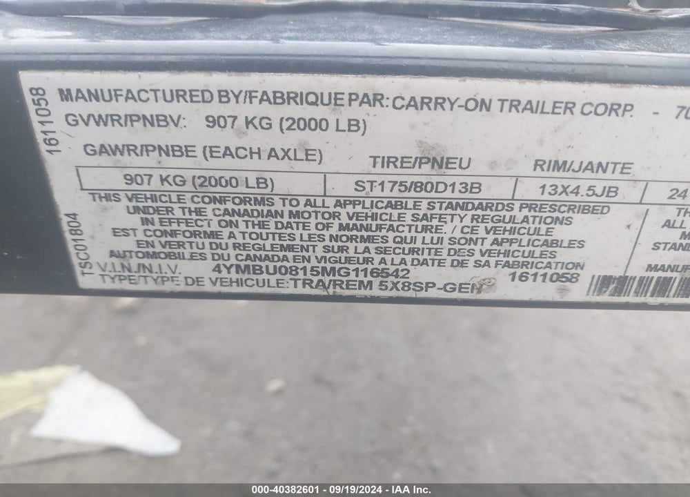 2021 CARRY ON UTILITY VIN: 4YMBU0815MG116542