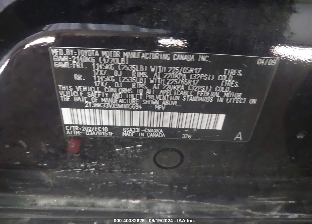 2009 TOYOTA RAV4 BASE V6 VIN: 2T3BK33VX9W005694