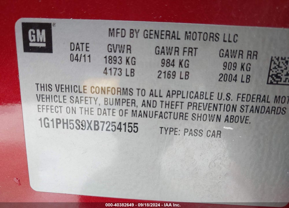 2011 CHEVROLET CRUZE LTZ VIN: 1G1PH5S9XB7254155