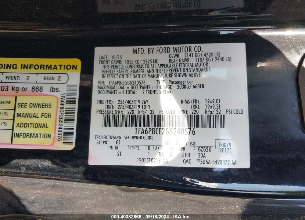 2016 FORD MUSTANG VIN: 1FA6P8CF2G5240576