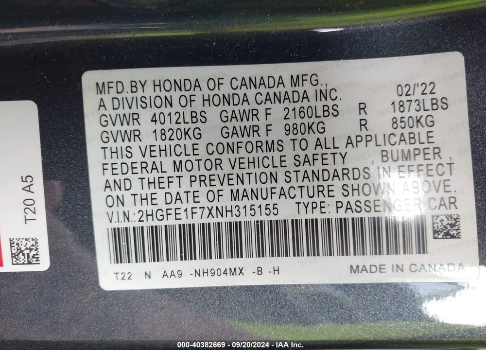 2022 HONDA CIVIC EX VIN: 2HGFE1F7XNH315155
