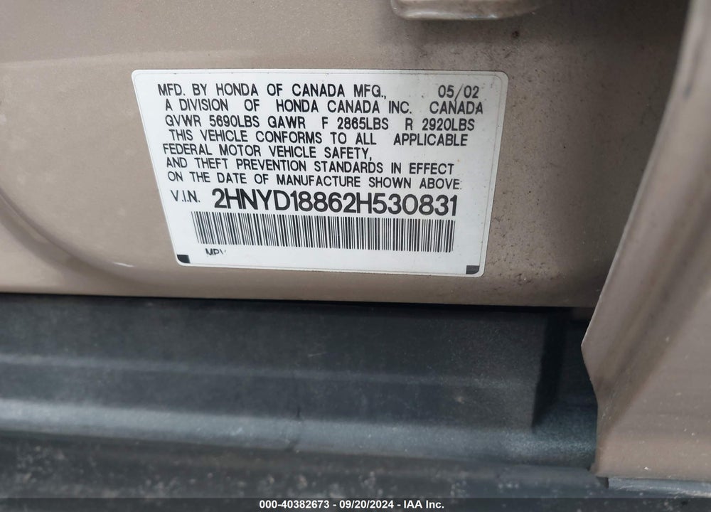 2002 ACURA MDX VIN: 2HNYD18862H530831