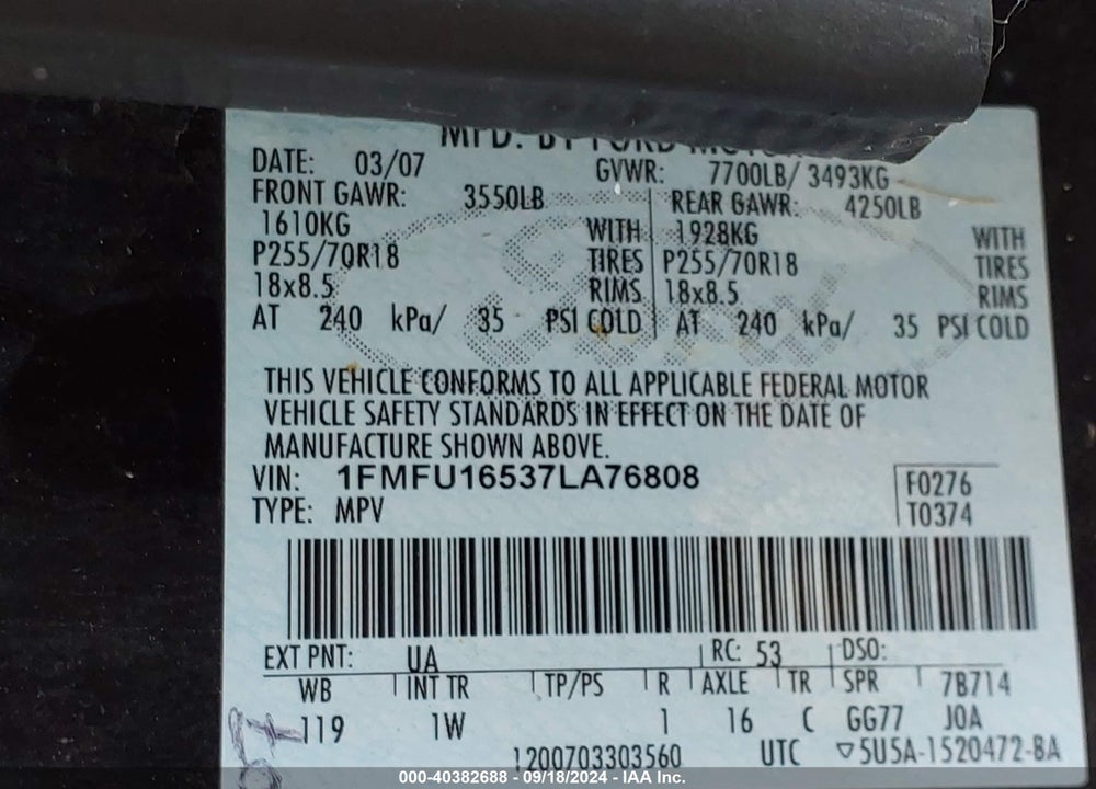 2007 FORD EXPEDITION XLT VIN: 1FMFU16537LA76808