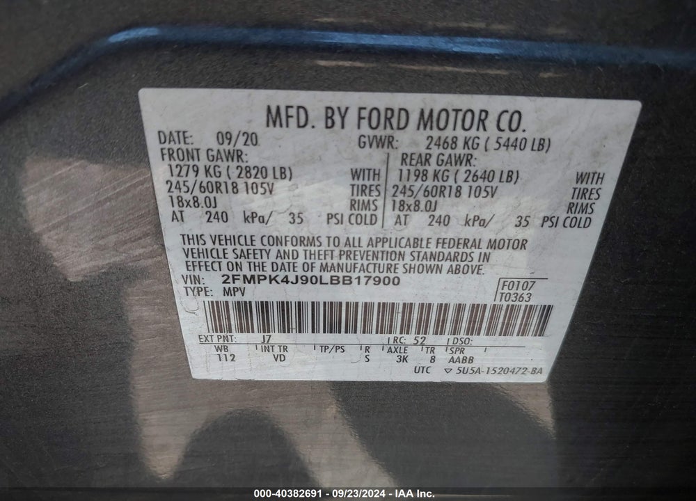 2020 FORD EDGE SEL VIN: 2FMPK4J90LBB17900