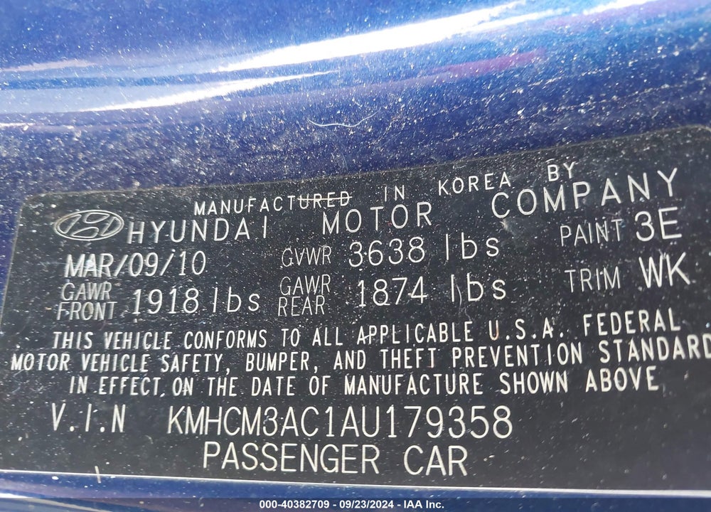2010 HYUNDAI ACCENT GS VIN: KMHCM3AC1AU179358