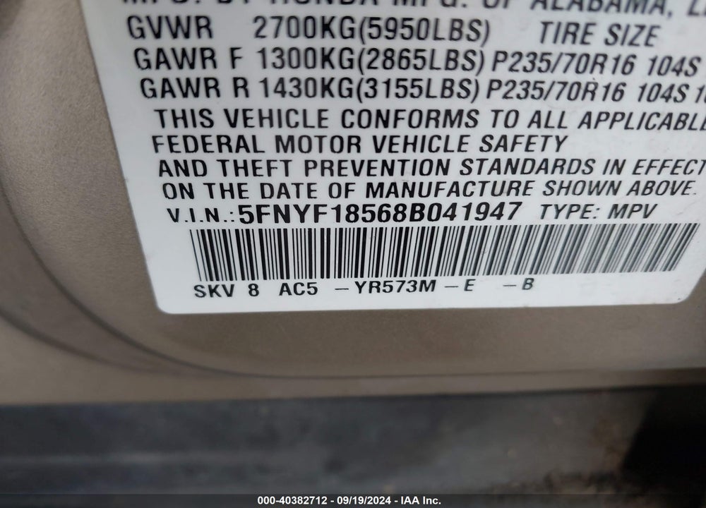 2008 HONDA PILOT EX-L VIN: 5FNYF18568B041947