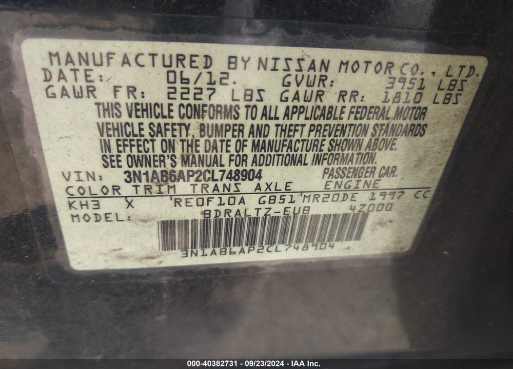2012 NISSAN SENTRA 2.0 SR VIN: 3N1AB6AP2CL748904
