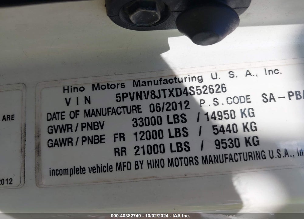 2013 HINO 338 VIN: 5PVNV8JTXD4S52626