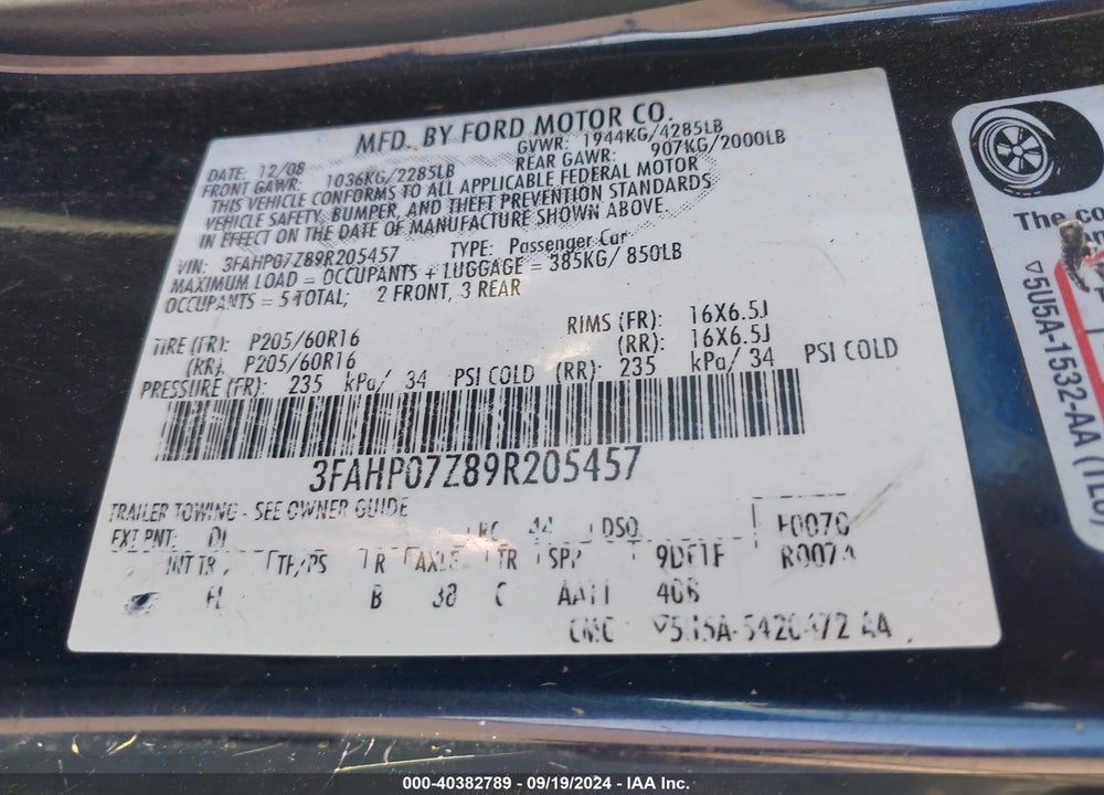2009 FORD FUSION SE VIN: 3FAHP07Z89R205457