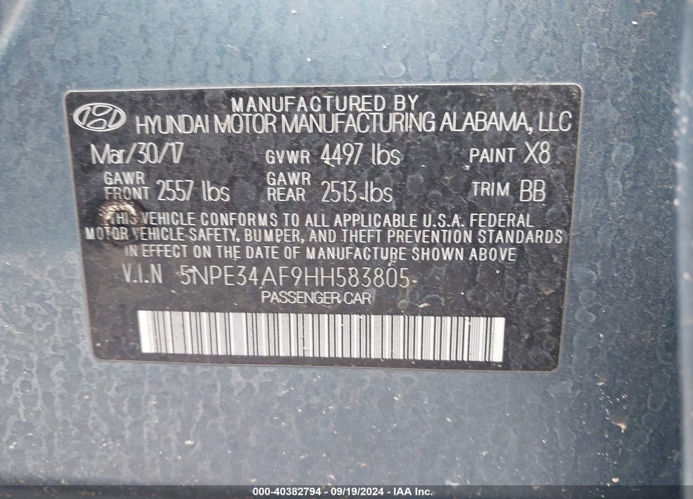 2017 HYUNDAI SONATA LIMITED VIN: 5NPE34AF9HH583805