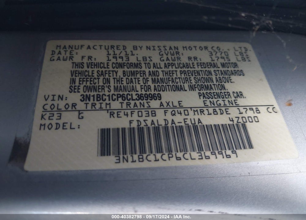 2012 NISSAN VERSA 1.8 S VIN: 3N1BC1CP6CL369969