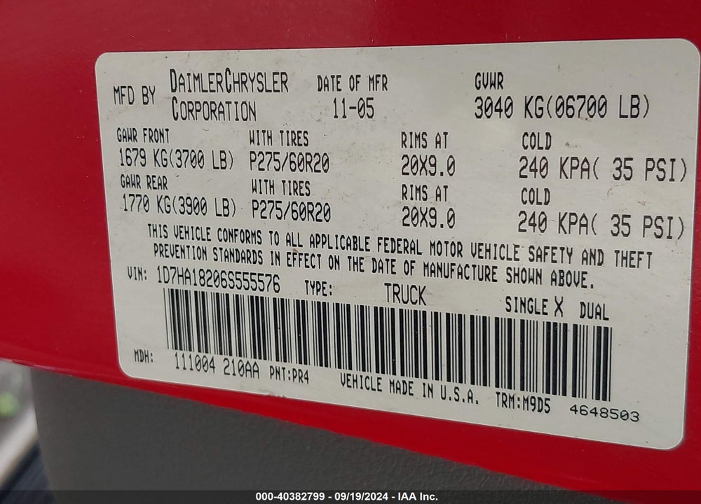 2006 DODGE RAM 1500 SLT VIN: 1D7HA18206S555576