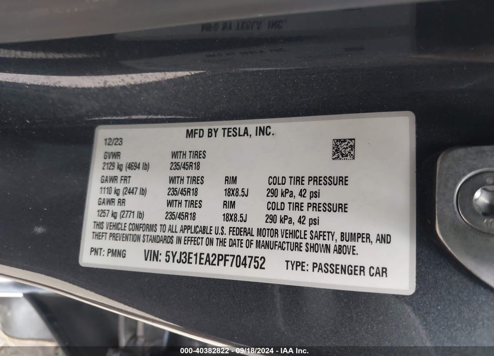 2023 TESLA MODEL 3 VIN: 5YJ3E1EA2PF704752