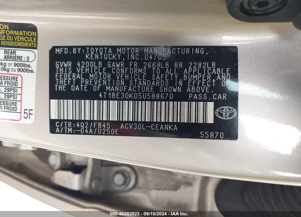 2005 TOYOTA CAMRY LE VIN: 4T1BE30K05U588670
