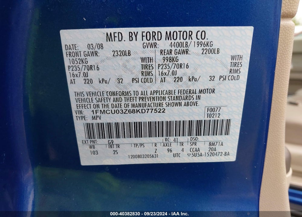 2008 FORD ESCAPE XLT VIN: 1FMCU03Z68KD77522