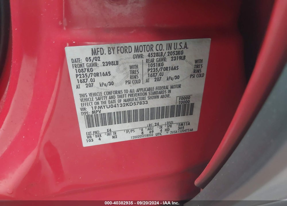 2002 FORD ESCAPE XLT VIN: 1FMYU04132KD57833