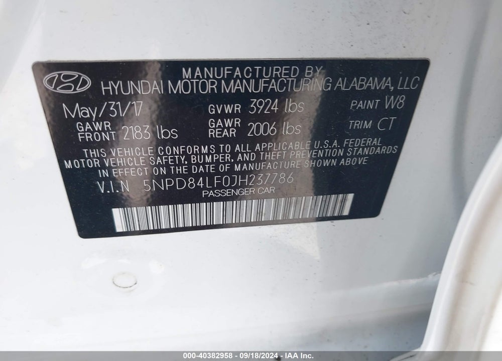 2018 HYUNDAI ELANTRA SEL VIN: 5NPD84LF0JH237786