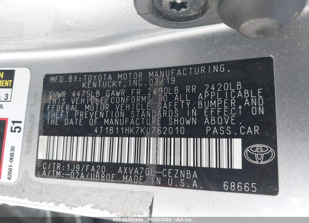 2019 TOYOTA CAMRY LE VIN: 4T1B11HK7KU762010