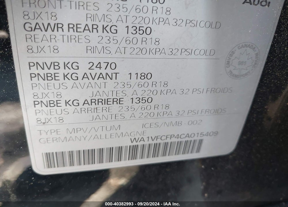 2012 AUDI Q5 VIN: WA1VFCFP4CA015409