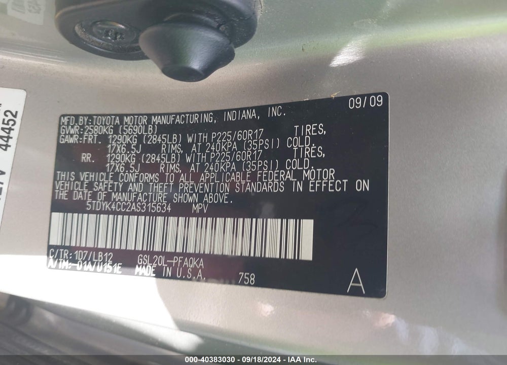 2010 TOYOTA SIENNA XLE VIN: 5TDYK4CC2AS315634
