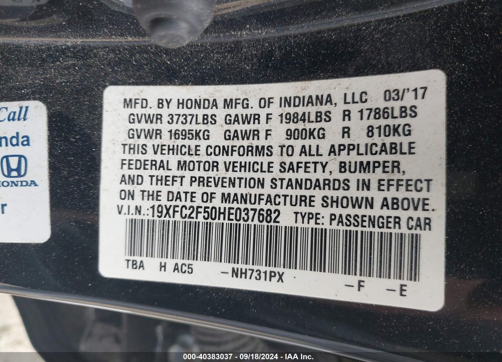 2017 HONDA CIVIC LX VIN: 19XFC2F50HE037682
