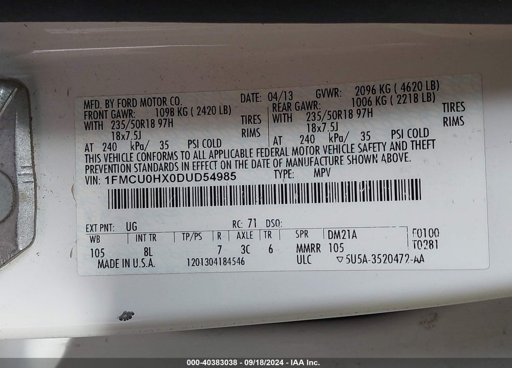 2013 FORD ESCAPE SEL VIN: 1FMCU0HX0DUD54985