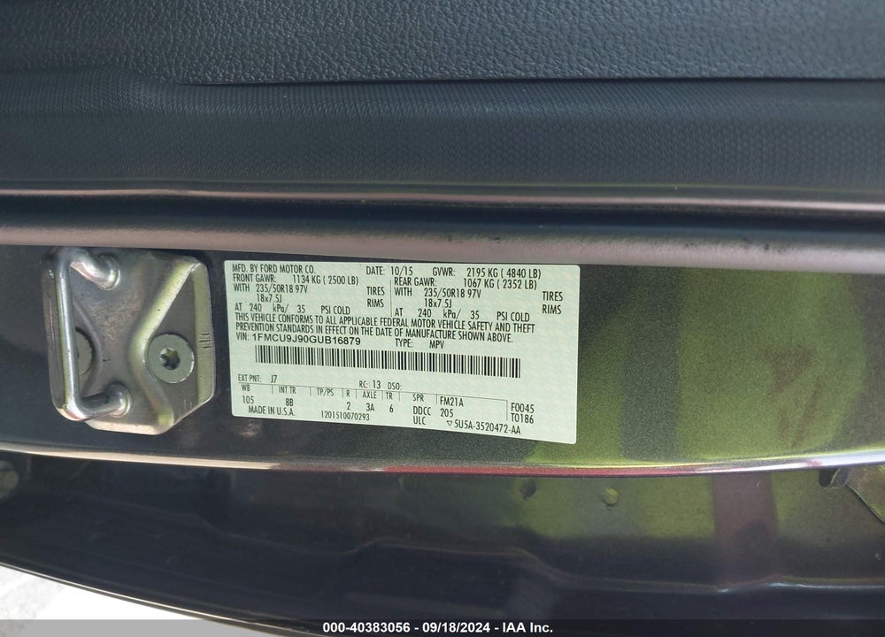 2016 FORD ESCAPE TITANIUM VIN: 1FMCU9J90GUB16879