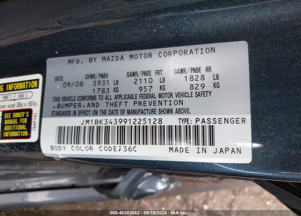 2009 MAZDA 3 S TOURING VIN: JM1BK343991225128