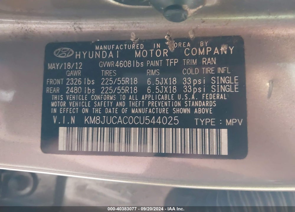 2012 HYUNDAI TUCSON LIMITED VIN: KM8JUCAC0CU544025