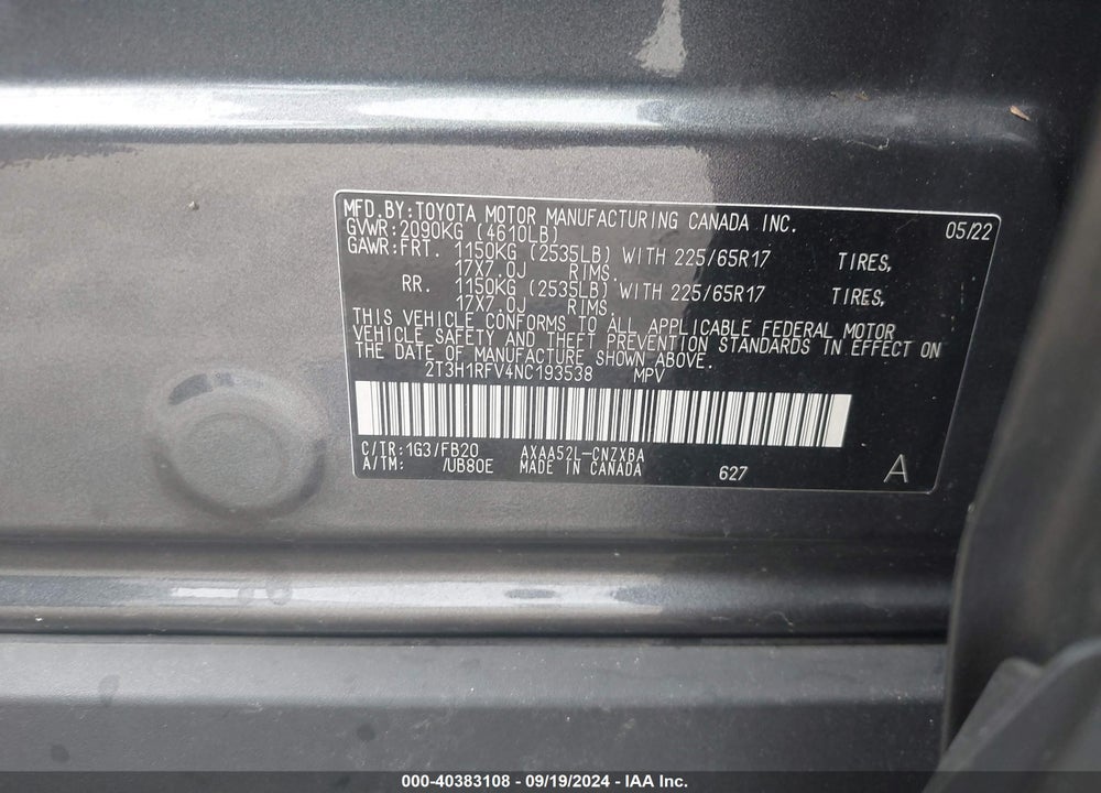 2022 TOYOTA RAV4 LE VIN: 2T3H1RFV4NC193538