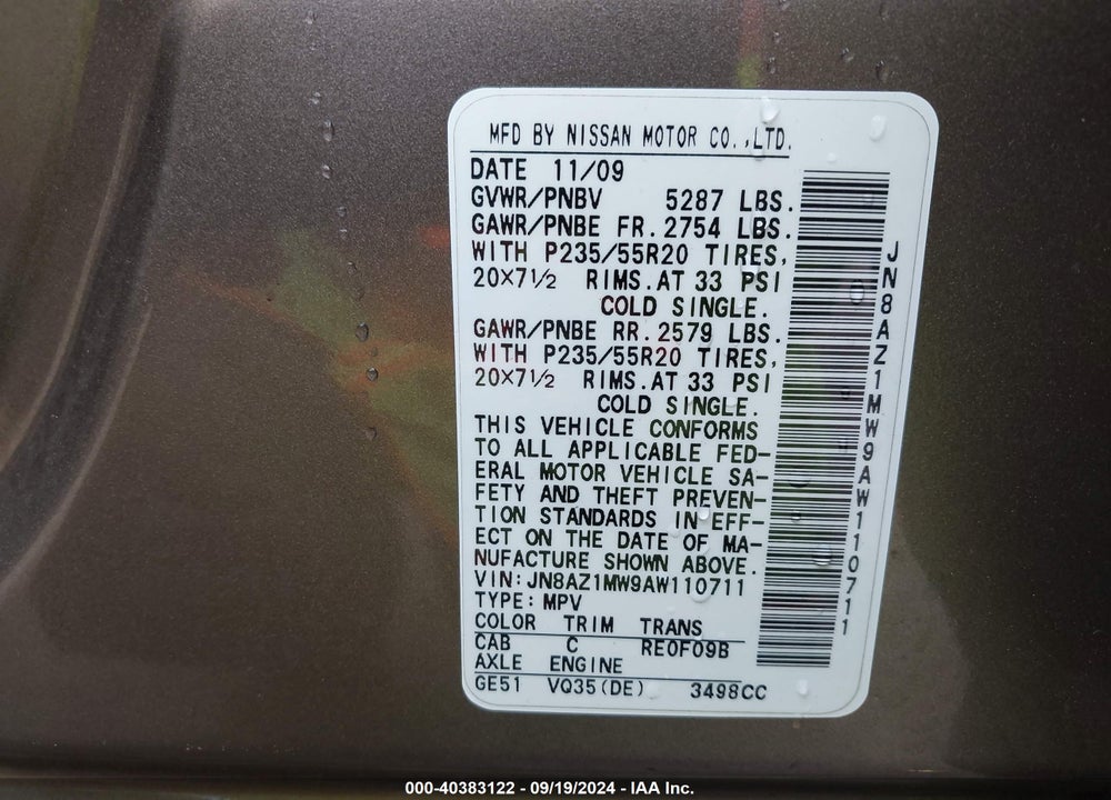 2010 NISSAN MURANO LE VIN: JN8AZ1MW9AW110711
