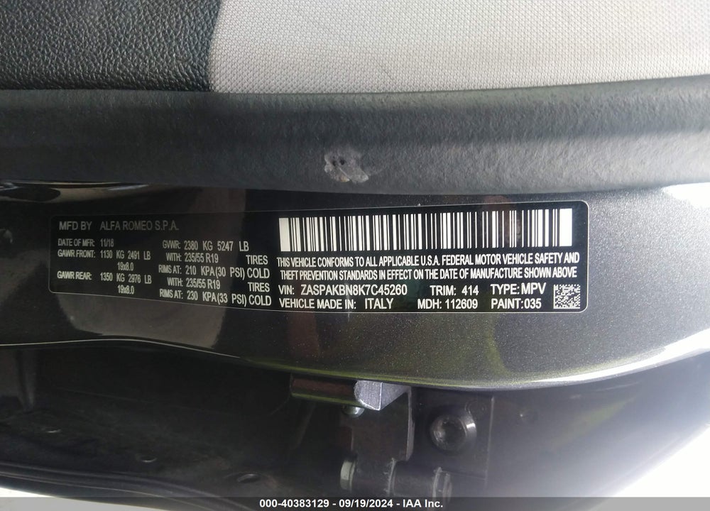 2019 ALFA ROMEO STELVIO TI AWD VIN: ZASPAKBN8K7C45260