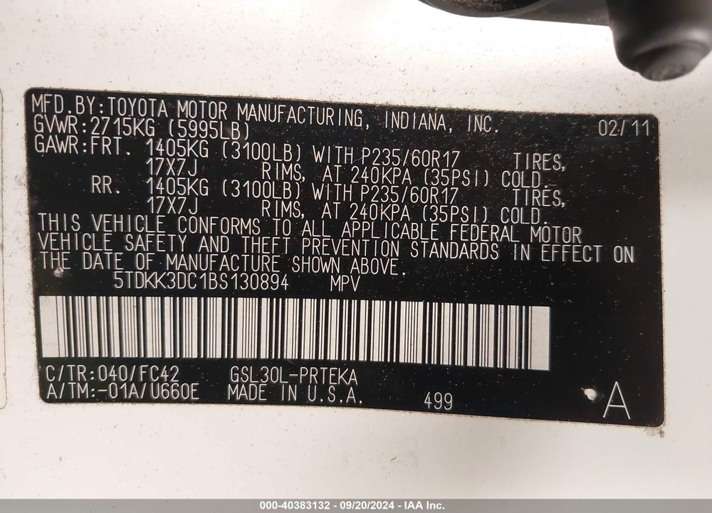 2011 TOYOTA SIENNA LE V6 VIN: 5TDKK3DC1BS130894