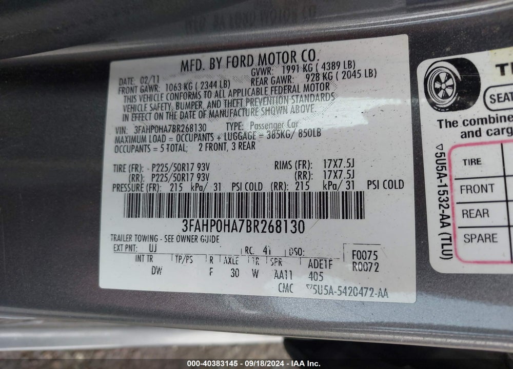 2011 FORD FUSION SE VIN: 3FAHP0HA7BR268130