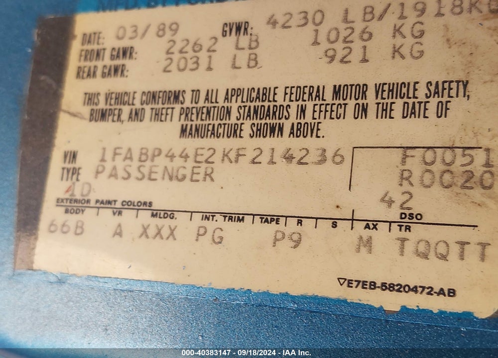 1989 FORD MUSTANG LX VIN: 1FABP44E2KF214236