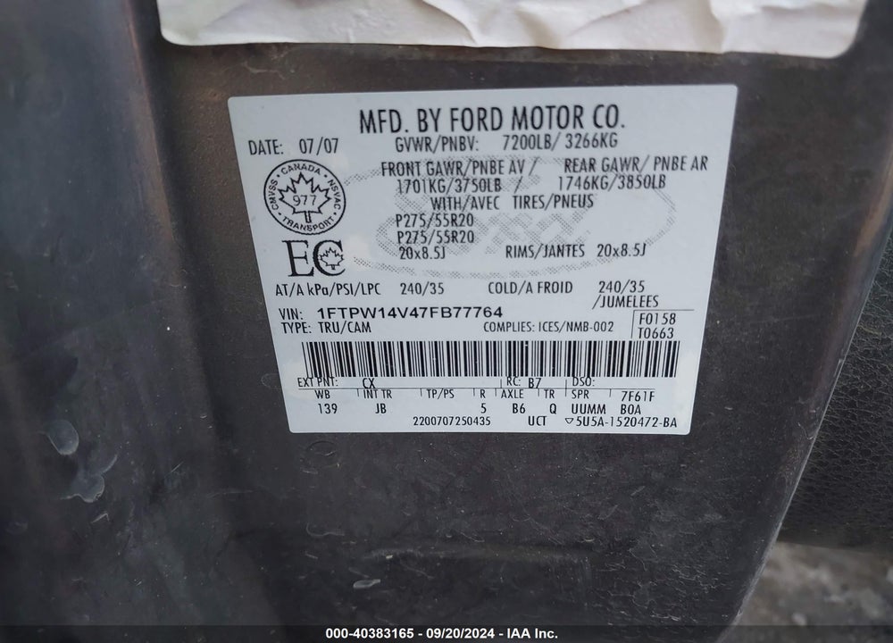 2007 FORD F-150 FX4/LARIAT/XLT VIN: 1FTPW14V47FB77764