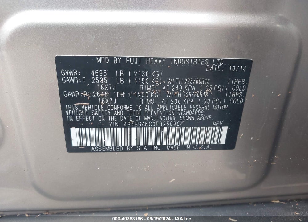 2015 SUBARU OUTBACK 2.5I LIMITED VIN: 4S4BSANC0F3250904