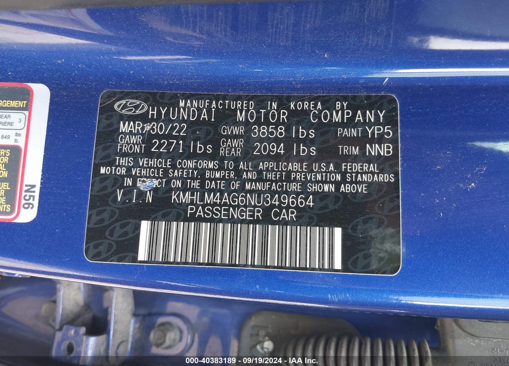 2022 HYUNDAI ELANTRA SEL VIN: KMHLM4AG6NU349664