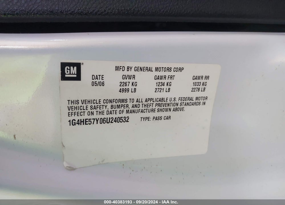 2006 BUICK LUCERNE CXS VIN: 1G4HE57Y06U240532