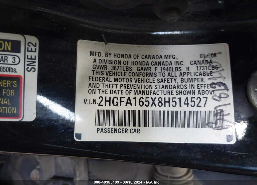 2008 HONDA CIVIC LX VIN: 2HGFA165X8H514527