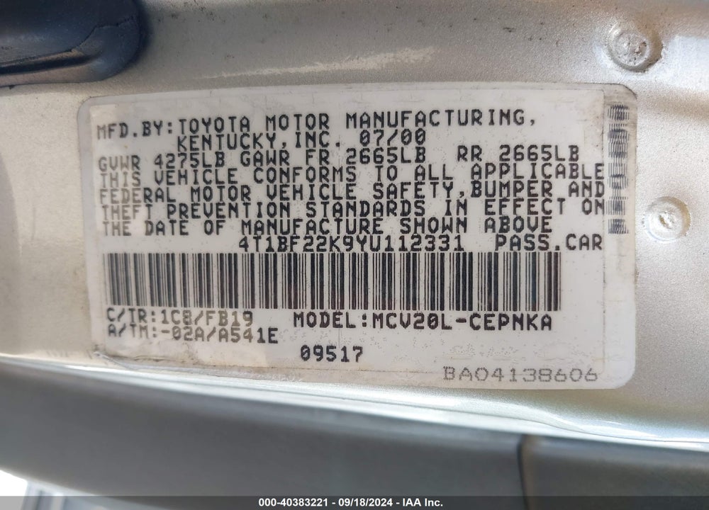 2000 TOYOTA CAMRY LE V6 VIN: 4T1BF22K9YU112331