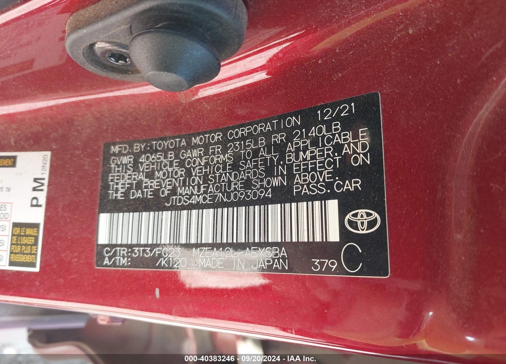2022 TOYOTA COROLLA SE VIN: JTDS4MCE7NJ093094