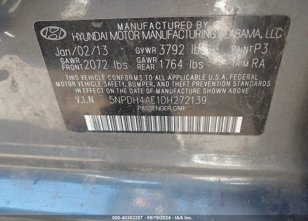2013 HYUNDAI ELANTRA GLS VIN: 5NPDH4AE1DH272139