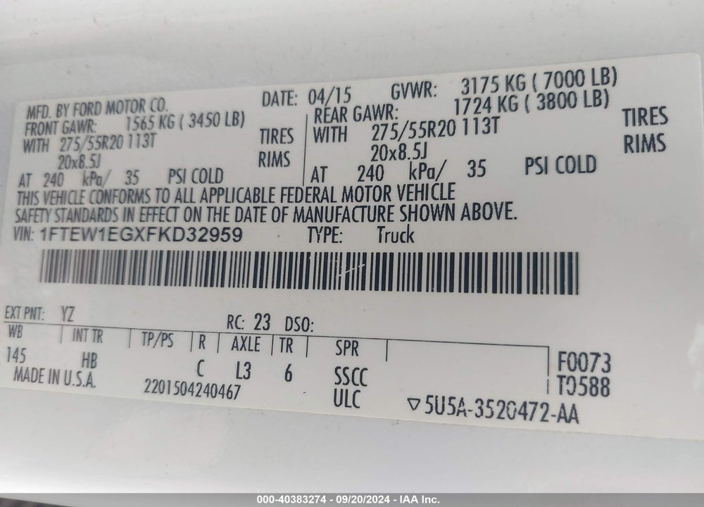 2015 FORD F-150 LARIAT VIN: 1FTEW1EGXFKD32959