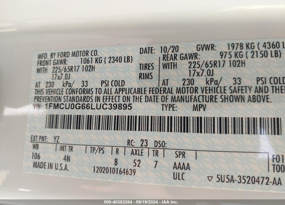 2020 FORD ESCAPE SE VIN: 1FMCU0G66LUC39895