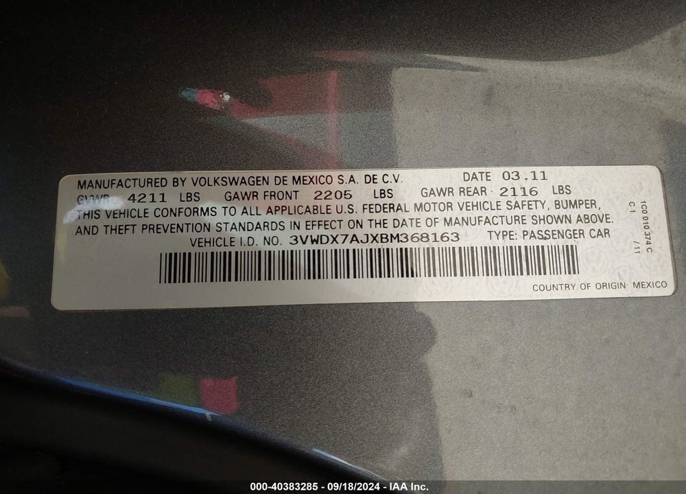 2011 VOLKSWAGEN JETTA 2.5L SE VIN: 3VWDX7AJXBM368163