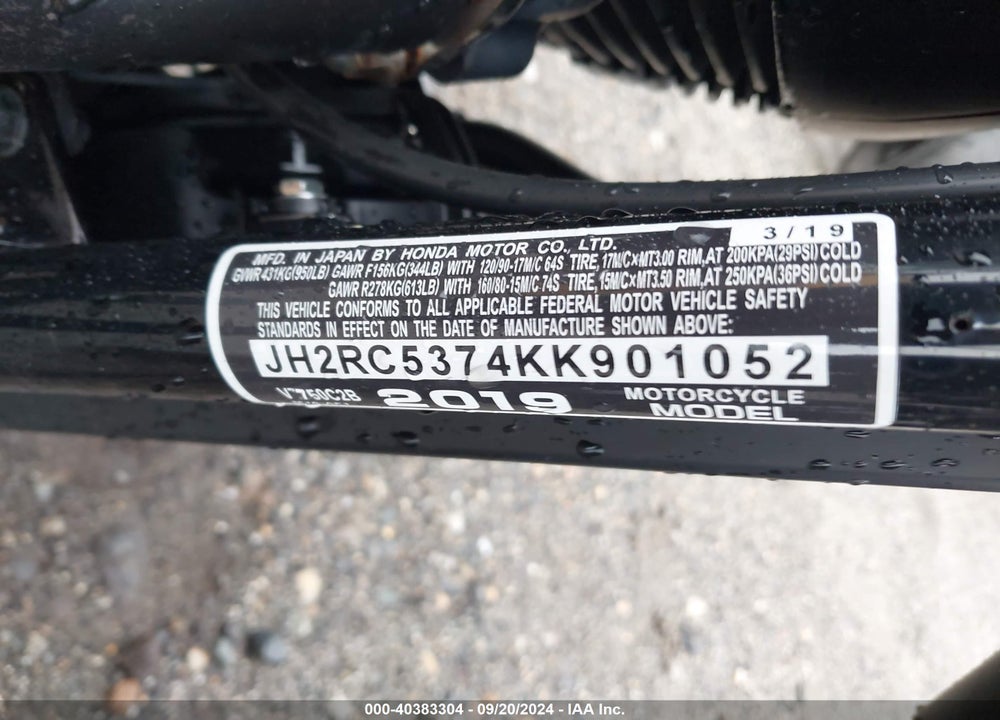 2019 HONDA VT750 C2B VIN: JH2RC5374KK901052