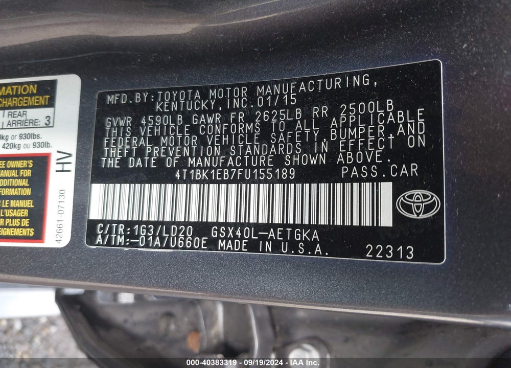 2015 TOYOTA AVALON XLE VIN: 4T1BK1EB7FU155189