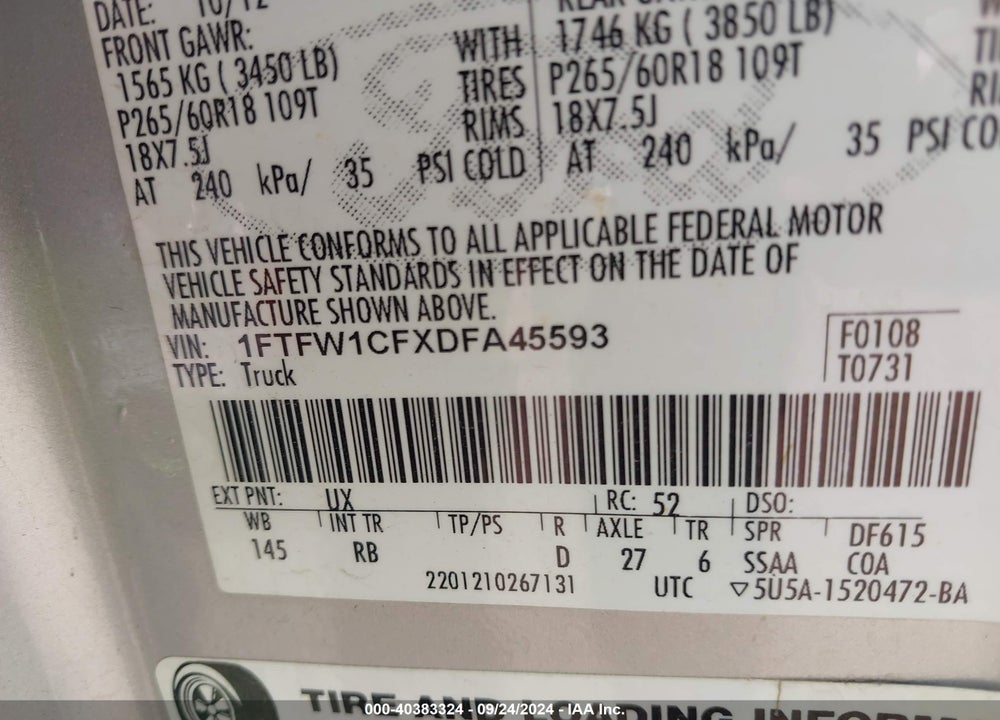 2013 FORD F-150 FX2 VIN: 1FTFW1CFXDFA45593